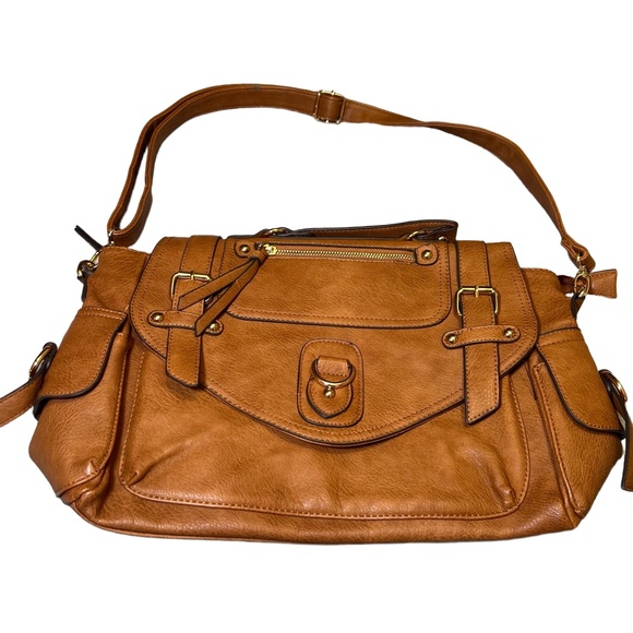 Call It Spring Messenger Bag Brown Cognac Flap Turn Lock Vintage Inspired Chic - Picture 1 of 16
